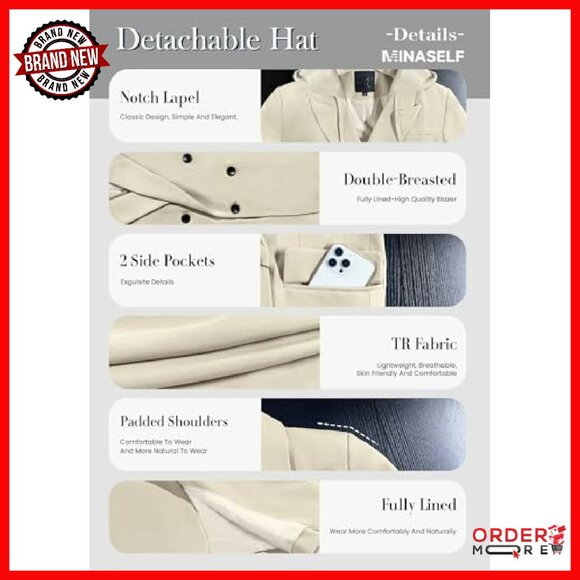 Women's Tweed Blazer Hooded Double-Breasted Oversized Work Jacket - Picture 7 of 8